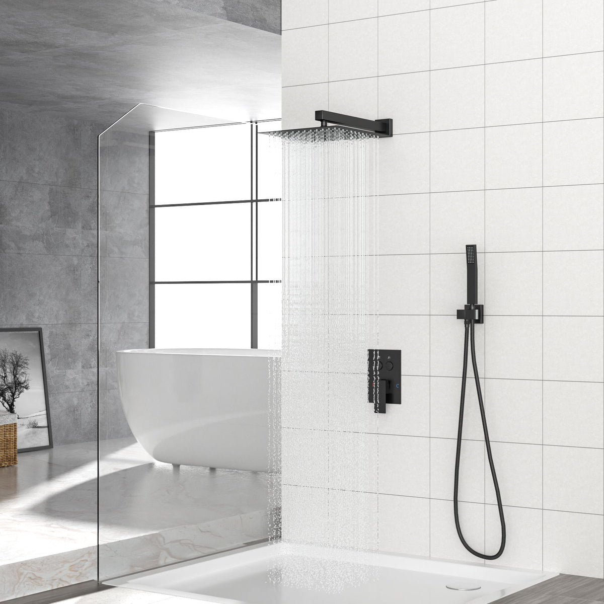 Dual Shower Head System With Square Rain Shower And Rough In Valve