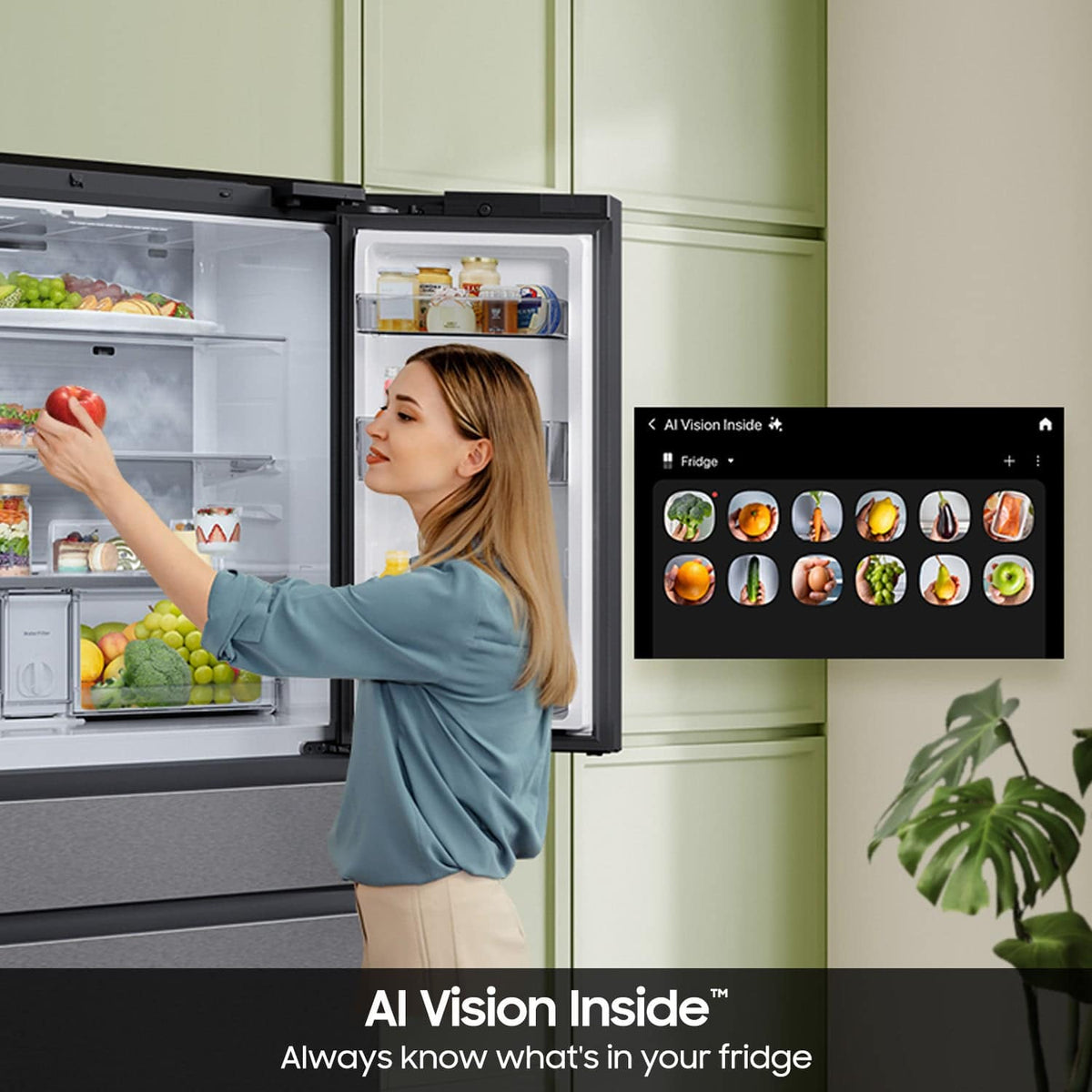 Samsung - 36 in. Wide Bespoke 23 cu. ft. Counter Depth 4-Door French Door Refrigerator with AI Home - Charcoal Glass / Stainless Steel