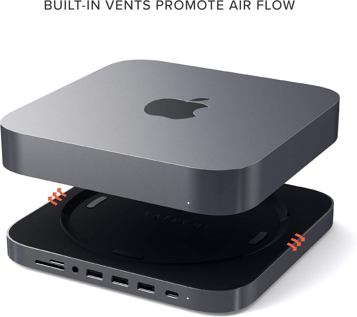 Satechi - Type-C Aluminum Stand and Hub for Mac Mini & Mac Studio - USB-C Data Port, Micro/SD Card Reader, 3 USB 3.0 & Audio Jack - Space Gray