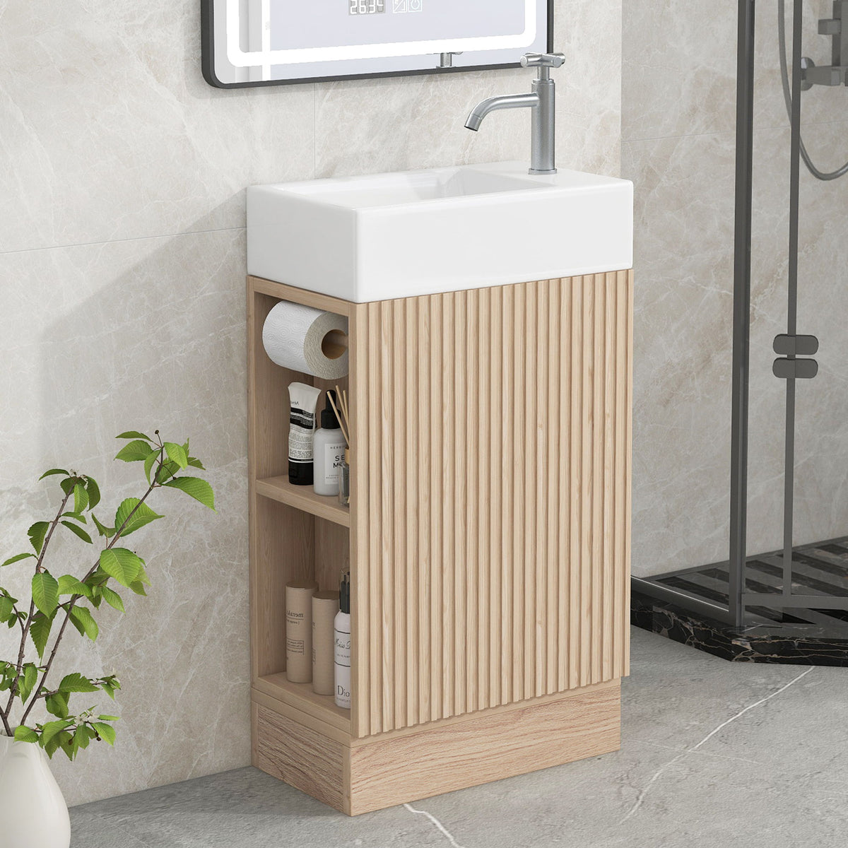 Tocador de baño moderno con lavabo y estante de 2 niveles