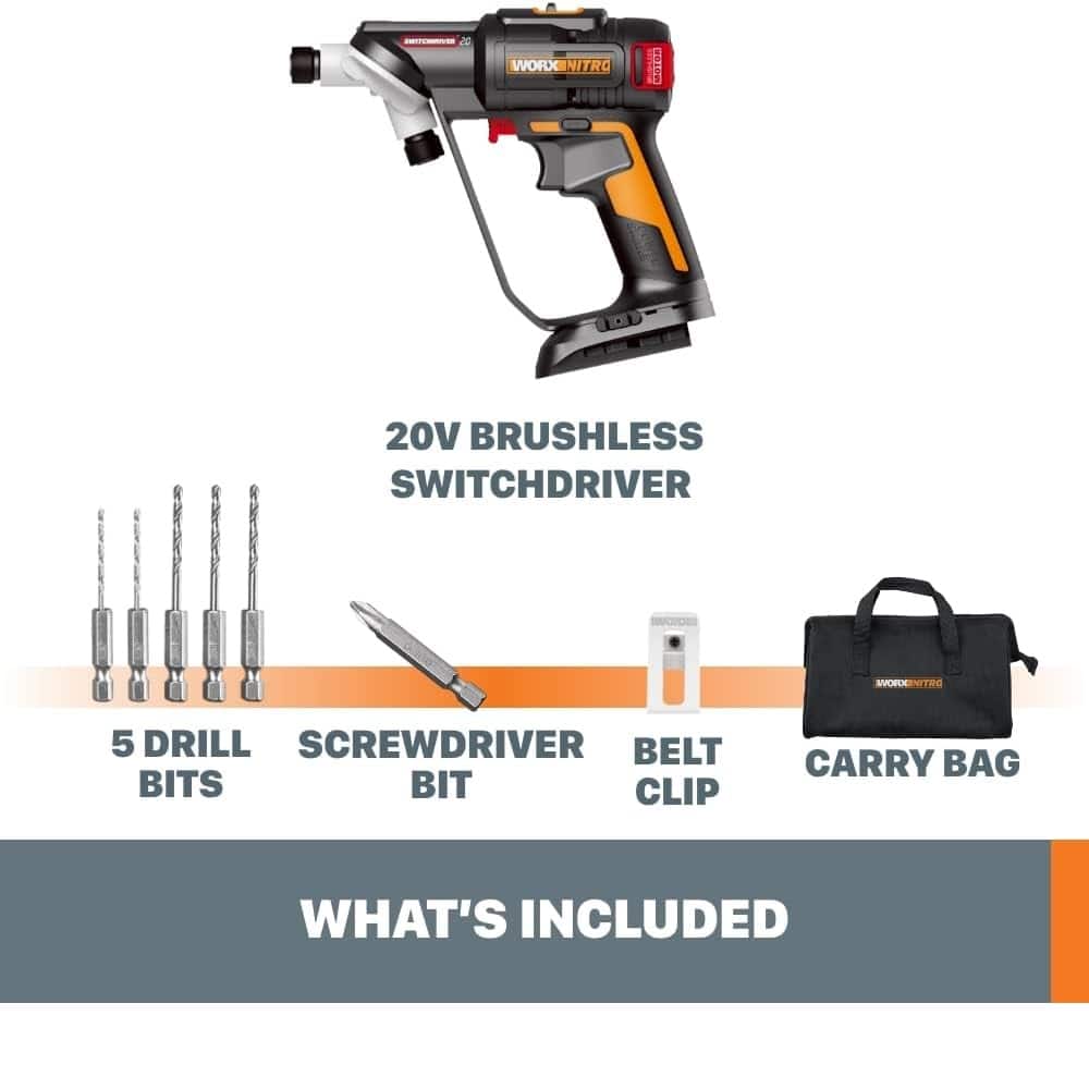 WORX - Nitro 20V SwitchDriver 2-in-1 Brushless Cordless Drill/Driver - Rotatable Dual 1/4" Chucks (Battery & Charger Included) - Black