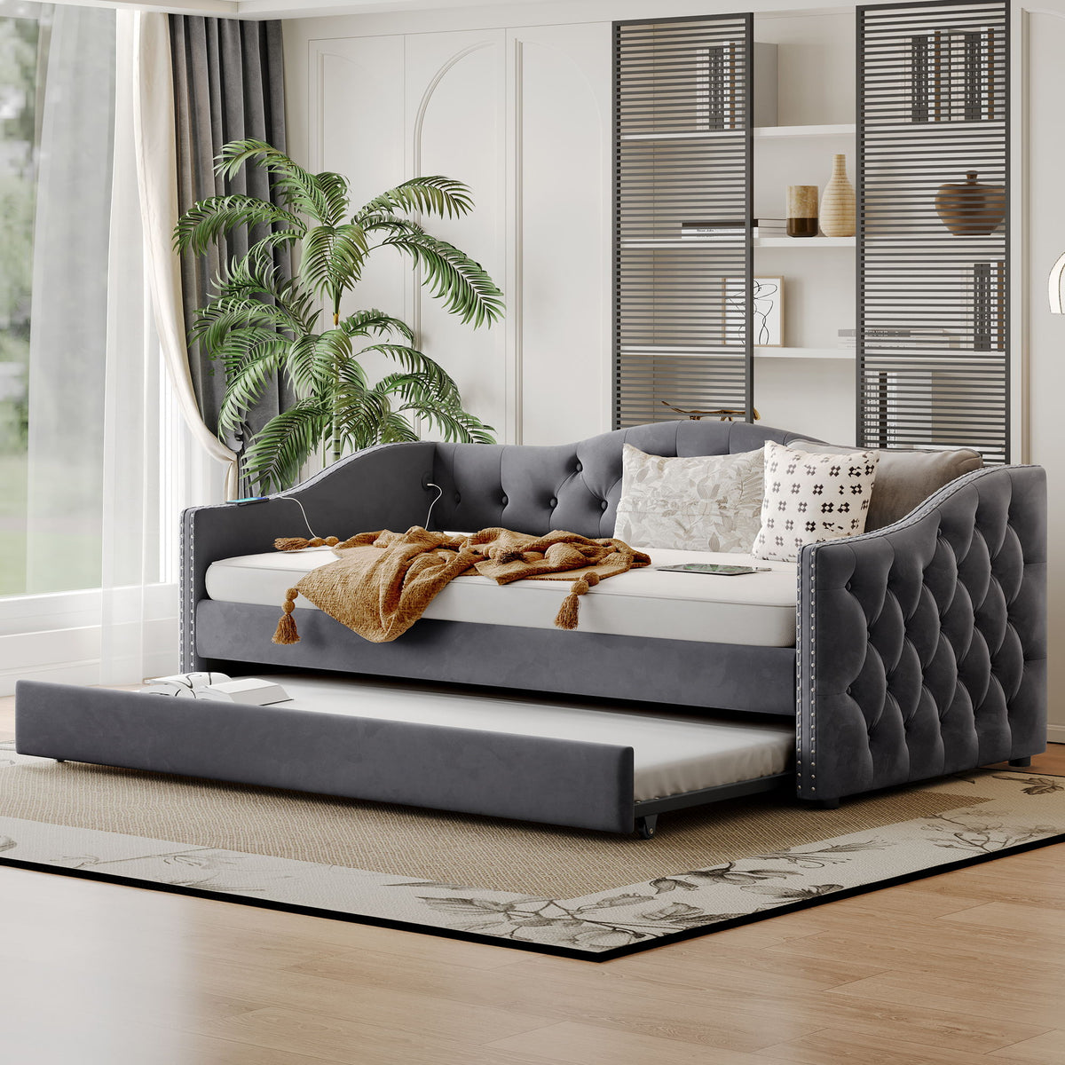 Cama nido tapizada individual con cama auxiliar y diseño de carga USB para dormitorio - Gris