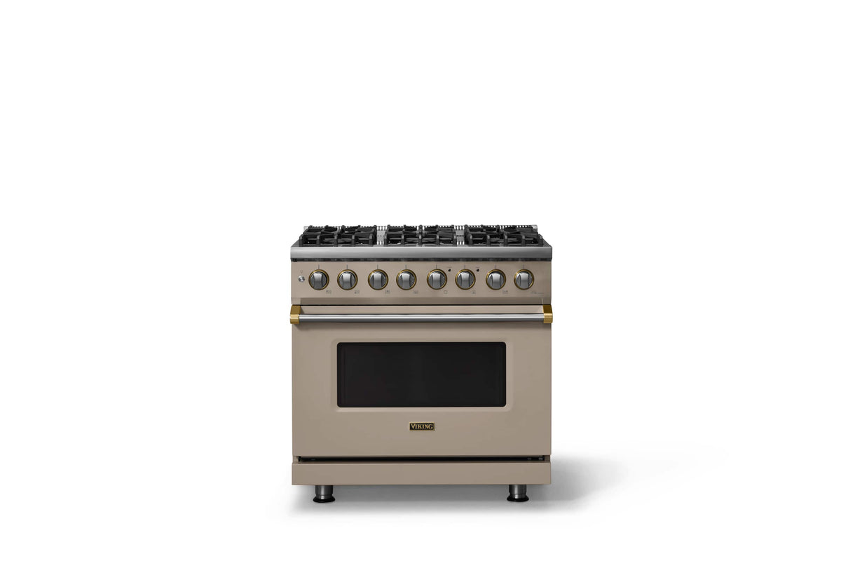 Viking - 36"W 5.6 Cu.Ft. Pro5S Freestanding Sealed 6 Burner Dual Fuel Convection LP Range - Nantucket w. Brushed Brass Trim - Nantucket