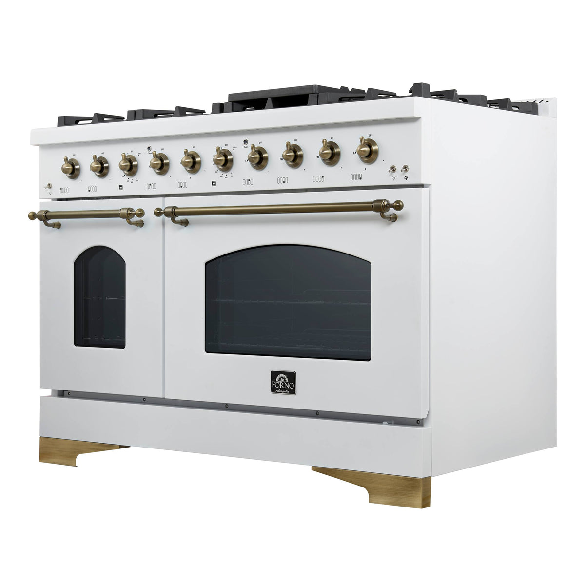 Forno Appliances - 48 in. Wide 8 Burner Antico 5.5 Cu. Ft. Freestanding Double Oven Dual Fuel Convection Range with Antique Brass Accents - White