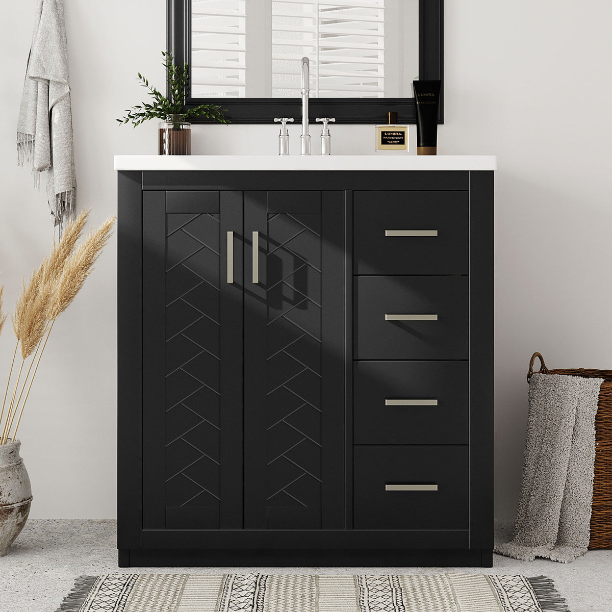 Tocador de baño con lavabo, mueble de almacenamiento, conjunto independiente con 3 cajones y puertas de cierre suave