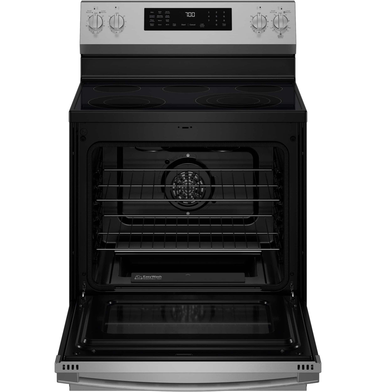 GE Profile - 30" Wide 5 Elements 5.3 Cu. Ft. Freestanding Electric Convection Range w/ Steam Clean, Air Fry, and EasyWash Oven Tray - Stainless Steel