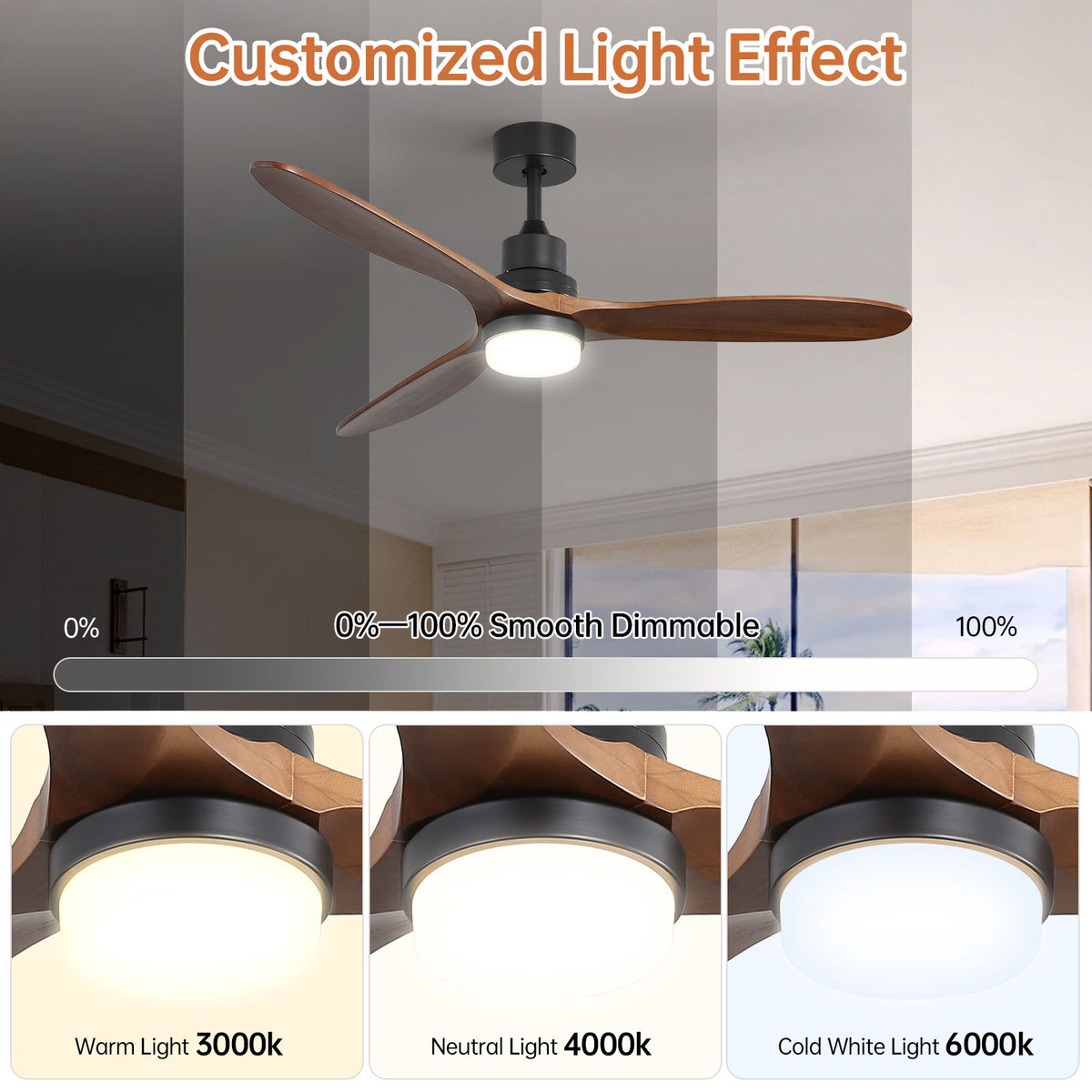 Ceiling Fan With Lights 3 Solid Wood Fan Blade Noiseless Reversible Motor Remote Control - Black