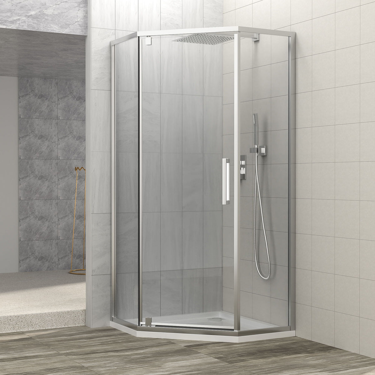 Diamond Shaped Corner Shower Door, Inward Sliding, Stainless Steel Frame