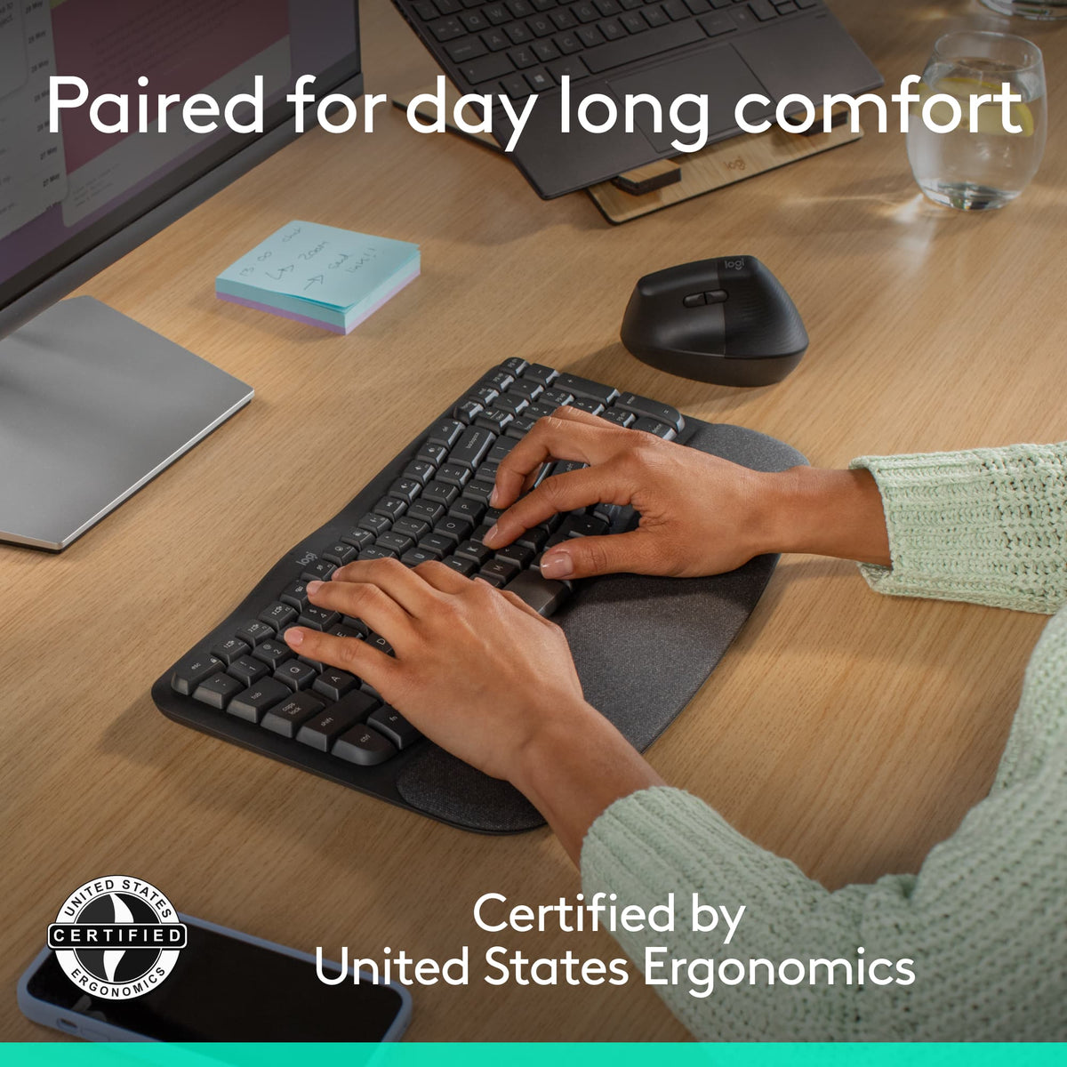 Logitech - Wave Keys and Lift Vertical Mouse Wireless Ergonomic Keyboard and Mouse Bundle with Cushioned Palm Rest - Graphite