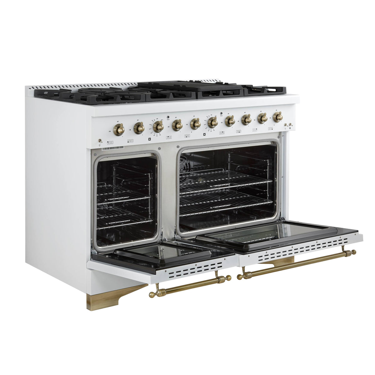 Forno Appliances - 48 in. Wide 8 Burner Antico 5.5 Cu. Ft. Freestanding Double Oven Dual Fuel Convection Range with Antique Brass Accents - White