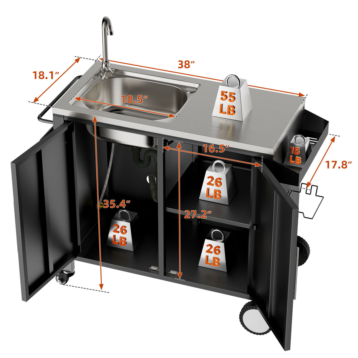 Mesa para parrilla de exterior con fregadero, carro para parrilla con fregadero y armario con ruedas - Negro / Plata