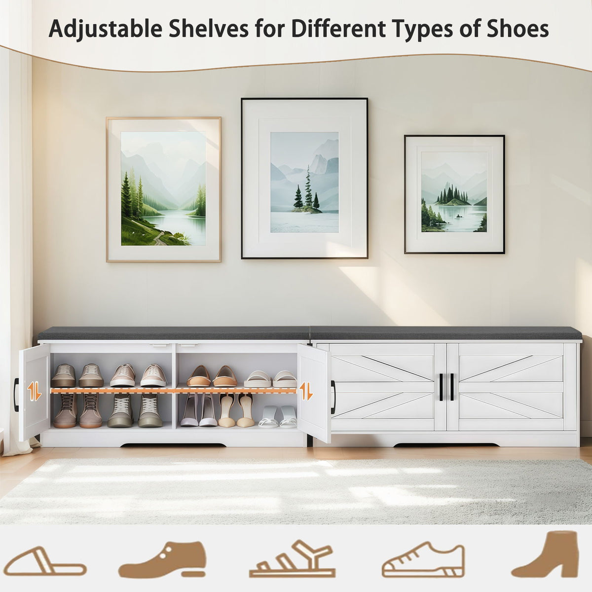 2 Tier Shoe Bench With Padded Seat, 2 Barn Doors And Adjustable Shelves, For Entryway And Living Room - White