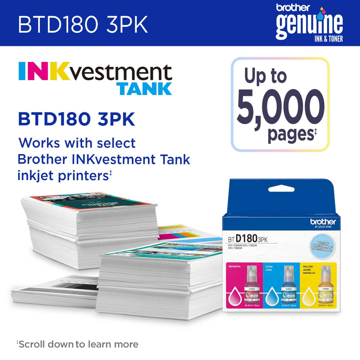 Brother - Genuine BTD180 3PK 3-Pack of High-Yield Cyan, Magenta, and Yellow Ink Bottles