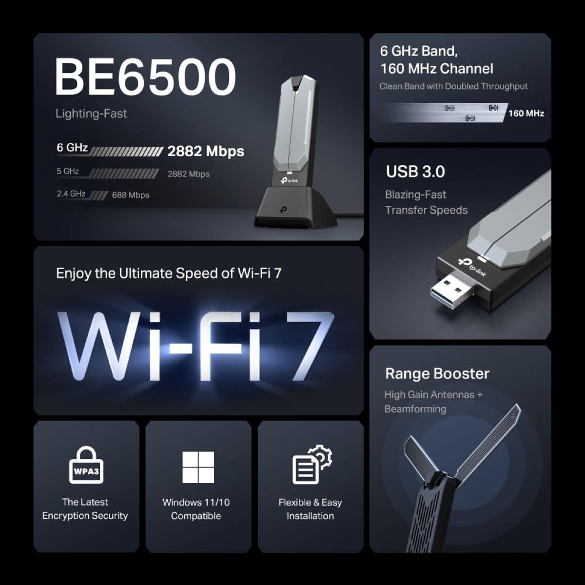 TP-Link - BE6500 Tri-Band Wi-Fi 7 Lightning-Fast High Gain Wireless USB Adapter for Boosted Range - Black