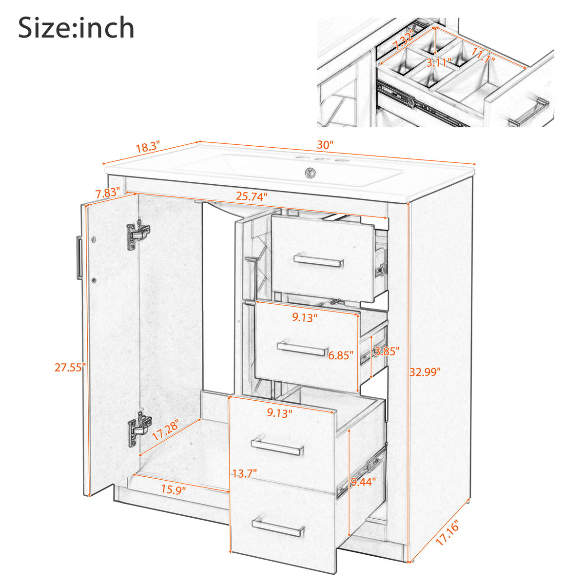 Tocador de baño con lavabo, mueble de almacenamiento, conjunto independiente con 3 cajones y puertas de cierre suave