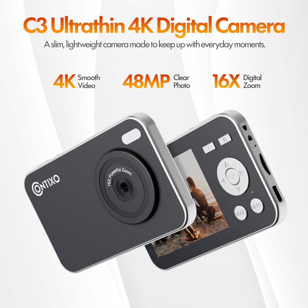 Contixo - C3 4K Ultrathin 48MP 4K 16X Digital Zoom Digital Camera - Black
