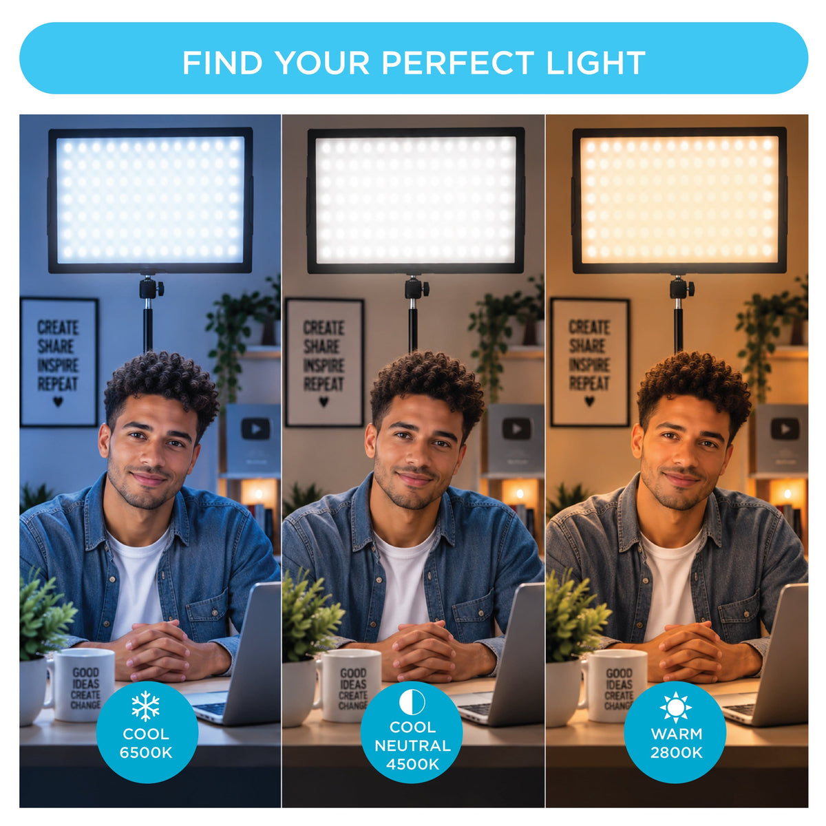 Bower - 12" Creator Light Kit with Two LED Panel Lights, 50" Stands and Phone Holders - Black