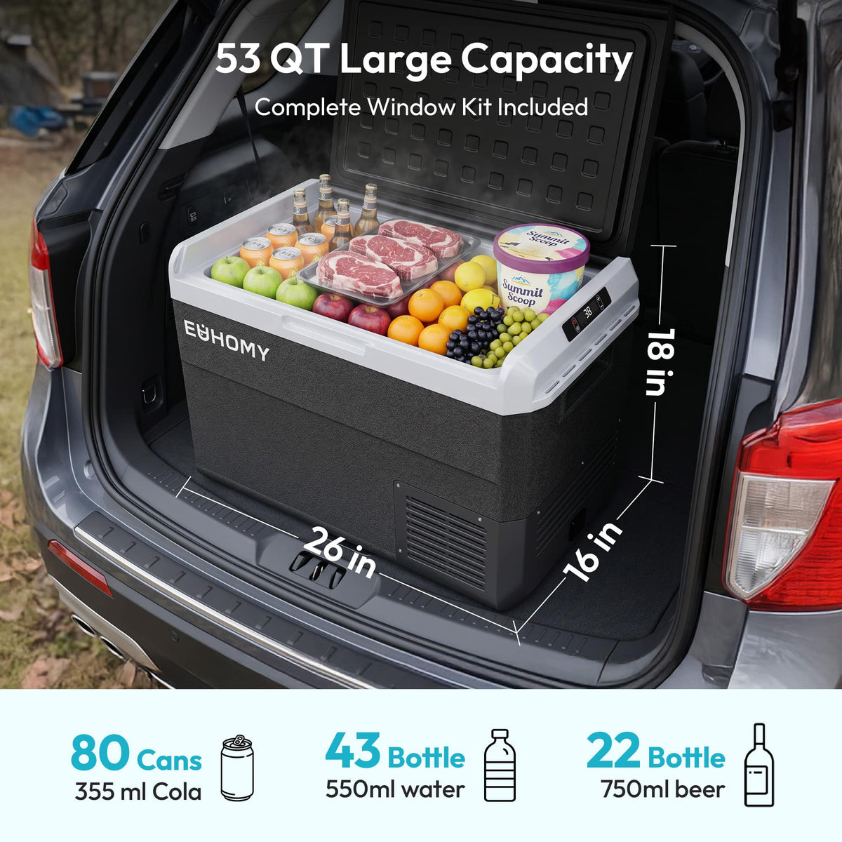 Euhomy - 53 QT Portable Car refrigerator - Black