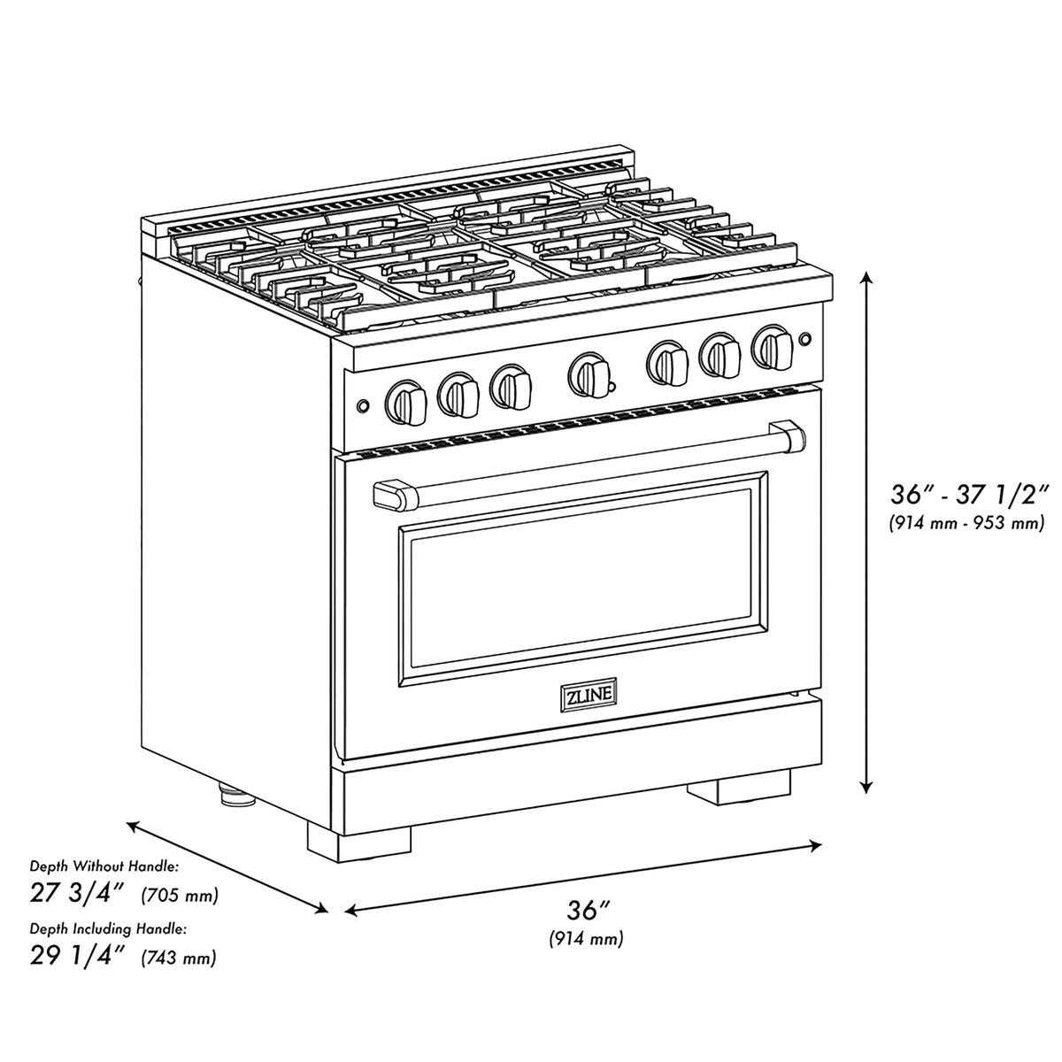 36 in. Wide 6 Burner ZLINE Autograph 5.2 cu. ft. Freestanding Paramount DuoPro Dual Fuel Range with and Bronze Accents - Black Satin Stainless Steel