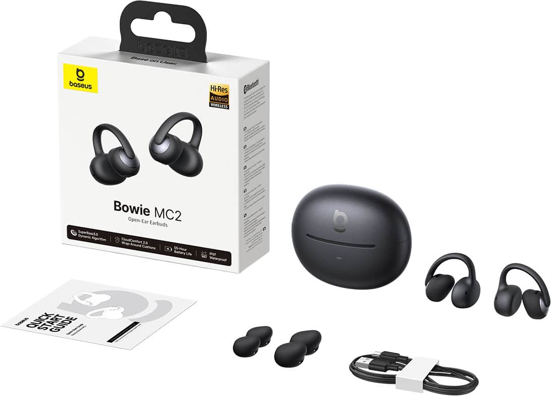 Baseus - Bowie MC2 Open-Ear Clip-On Earbuds - LDAC Hi-Res Audio,55-Hour Playtime,IP67 Water Resistance - Black