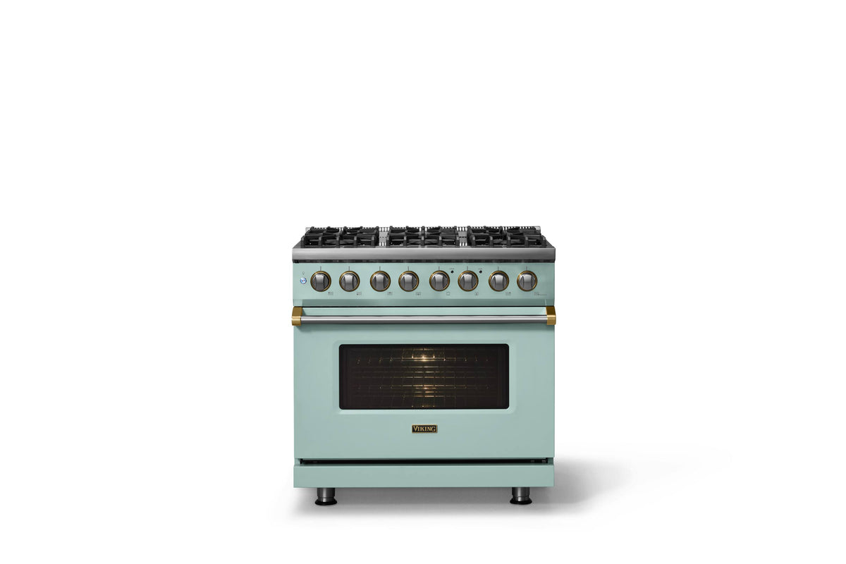 Viking - 36"W 5.6 Cu.Ft. Pro5S Freestanding Sealed 6 Burner Dual Fuel Convection LP Range - Splash w. Brushed Brass Trim - Splash