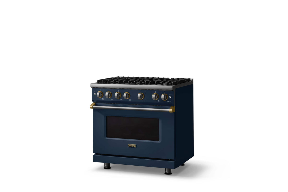 Viking - 36 in. Wide 6 Burner Pro 5 Series 5.1 Cu.Ft. Freestanding Sealed Burner Propane Gas Convection Range w/ Brushed Brass - Slate Blue