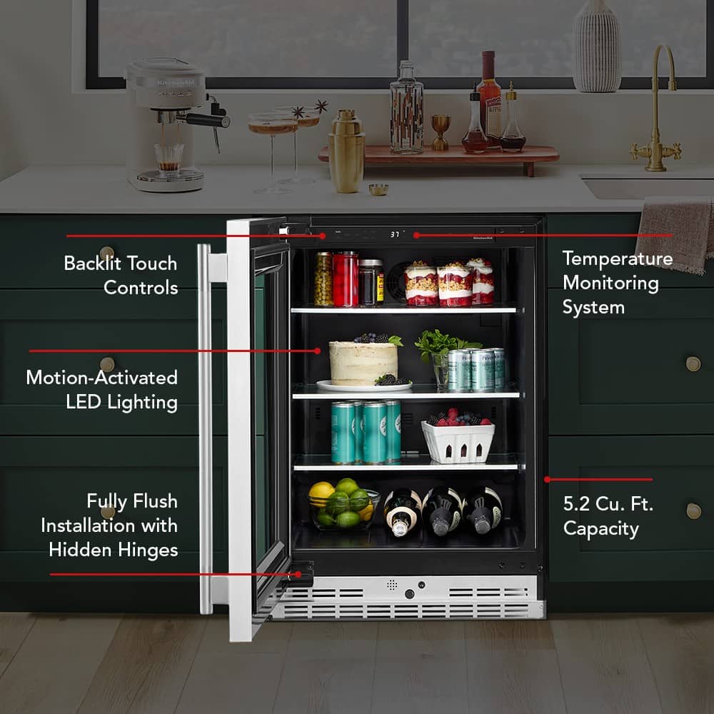 KitchenAid - 5.2 Cu. Ft. Undercounter Refrigerator Glass Door and Shelves with Metallic Accents - PrintShield Stainless Finish
