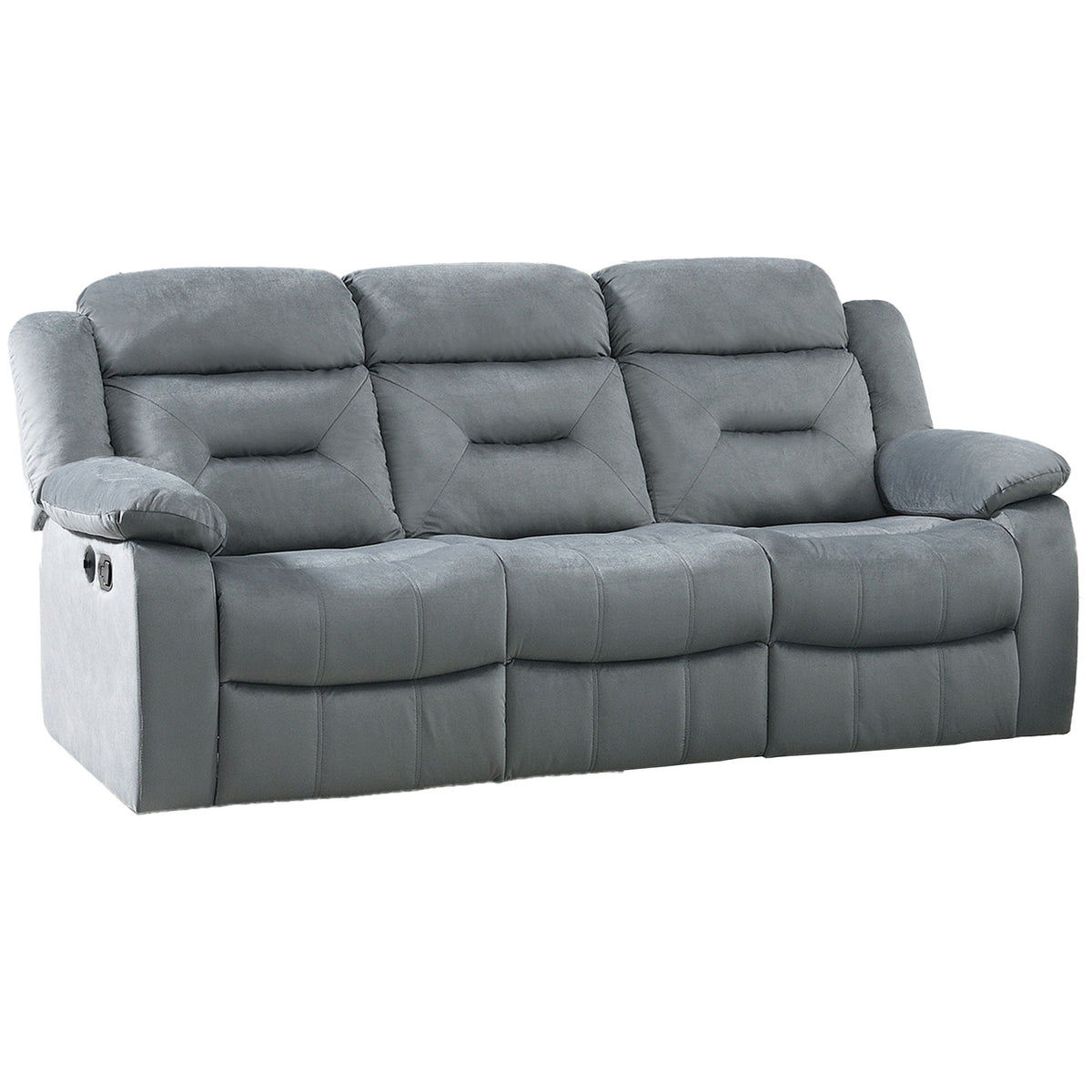 Sofá reclinable moderno con reposabrazos tipo almohada, respaldo acolchado, capitoné horizontal y puerto de carga USB