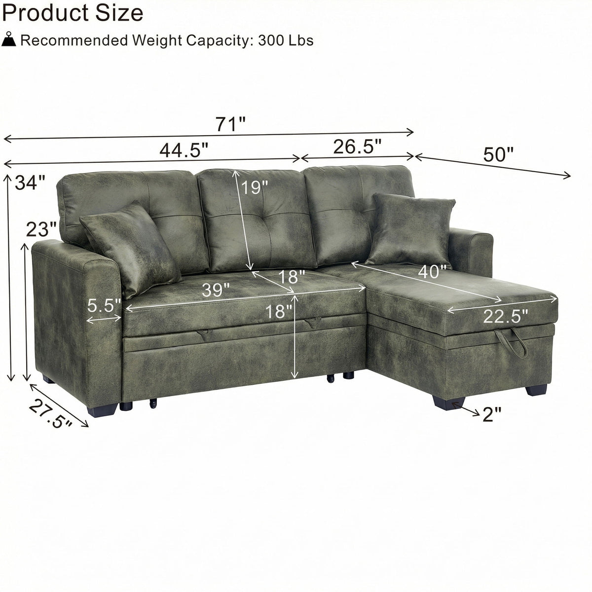 Sofá seccional con cama extraíble, chaise longue reversible