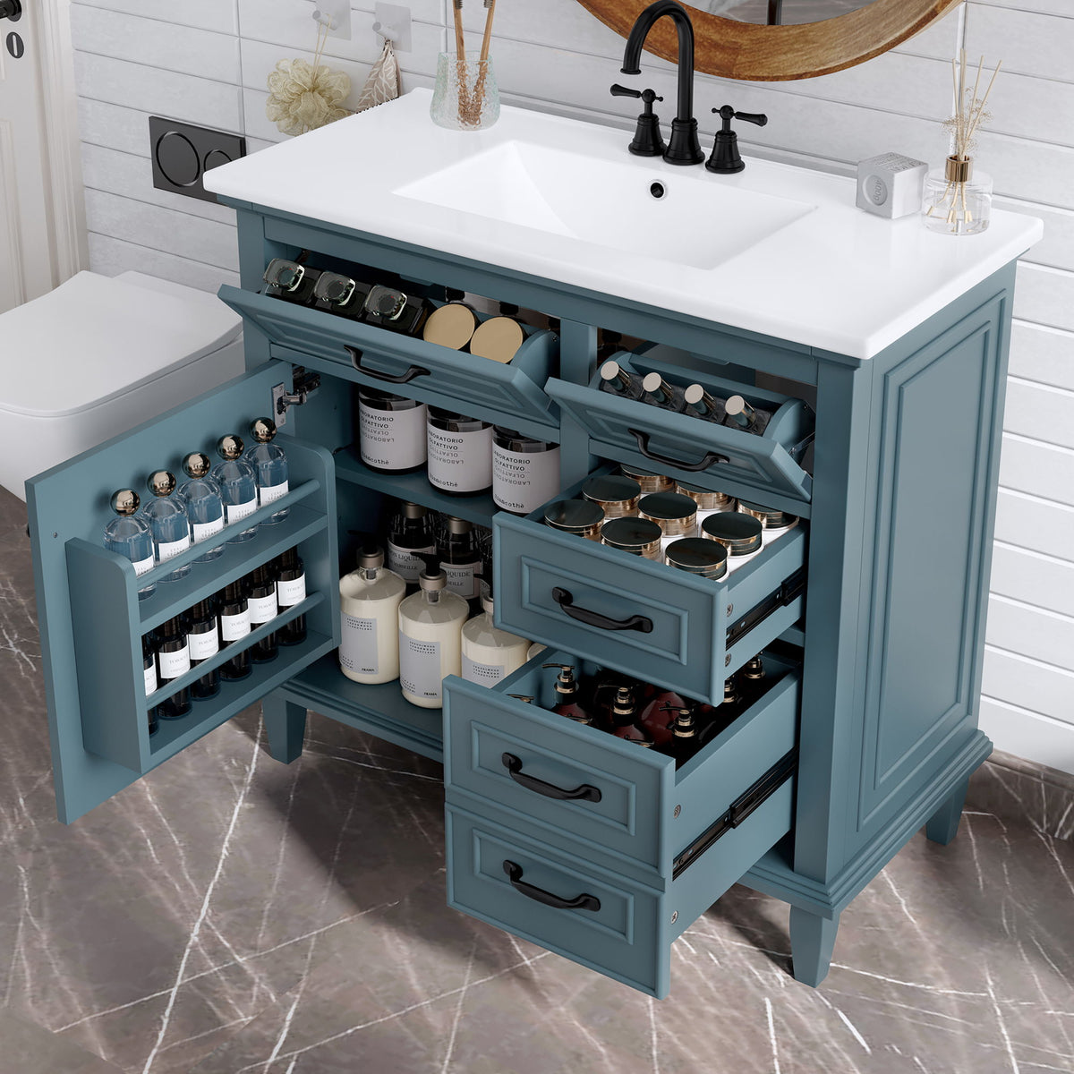 Tocador de baño moderno con lavabo integrado, cajones abatibles y estante ajustable