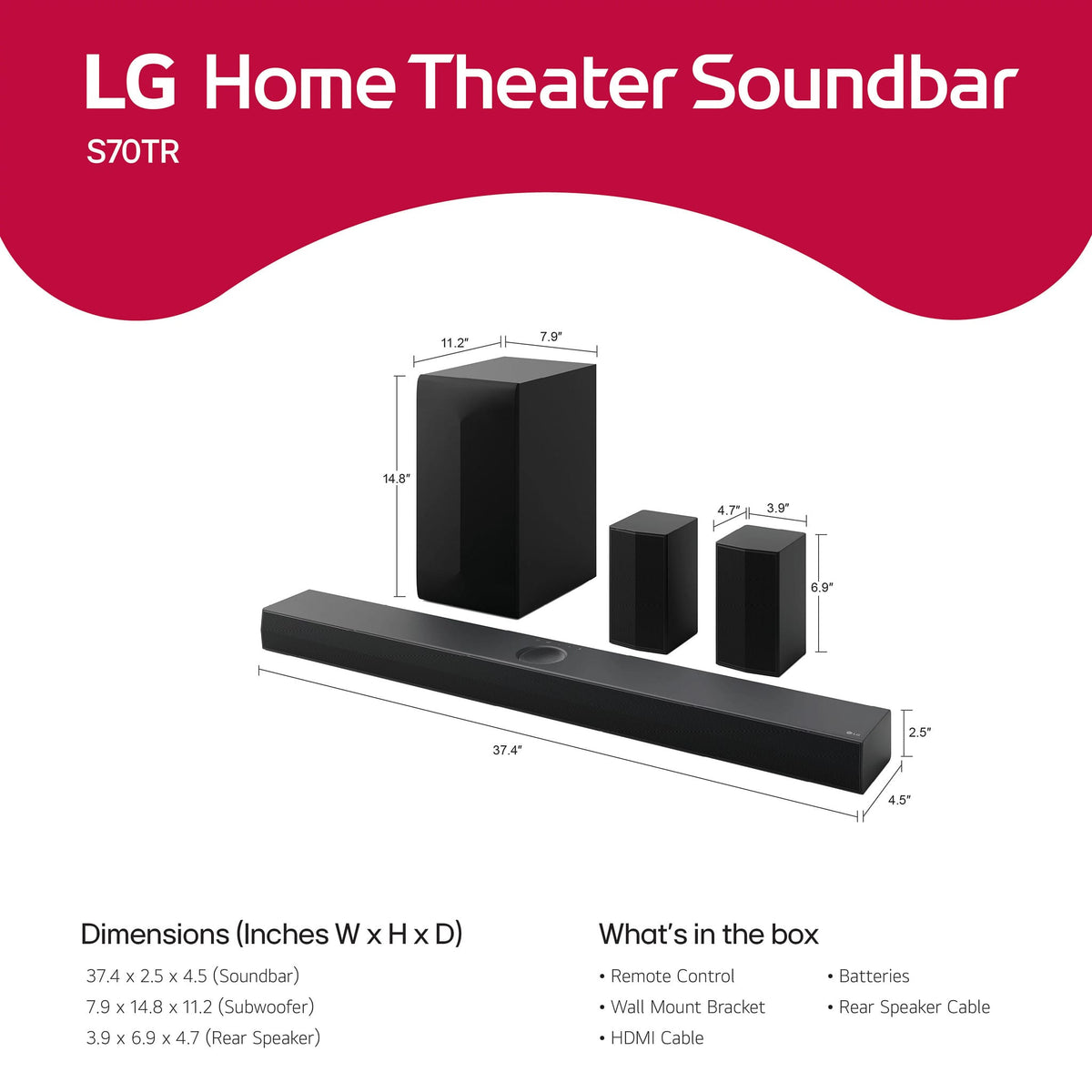 LG - 5.1.1-Channel S70TR Home Theater Soundbar with Wireless Subwoofer and Rear Speakers, Dolby Atmos, WOW Orchestra - Black