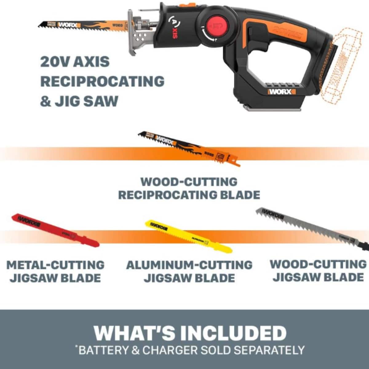 WORX - WX550L.9 20V Power Share Axis Cordless Reciprocating & Jig Saw - Tool Only - Black