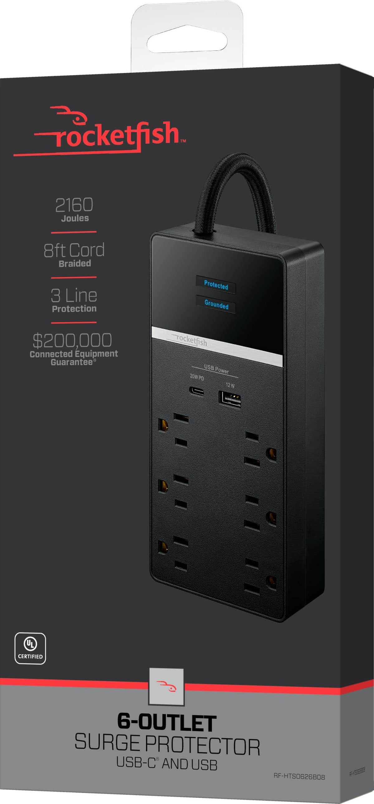 Rocketfish™ - 6-Outlet 2160 Joules Surge Protector with USB and USB-C - Black