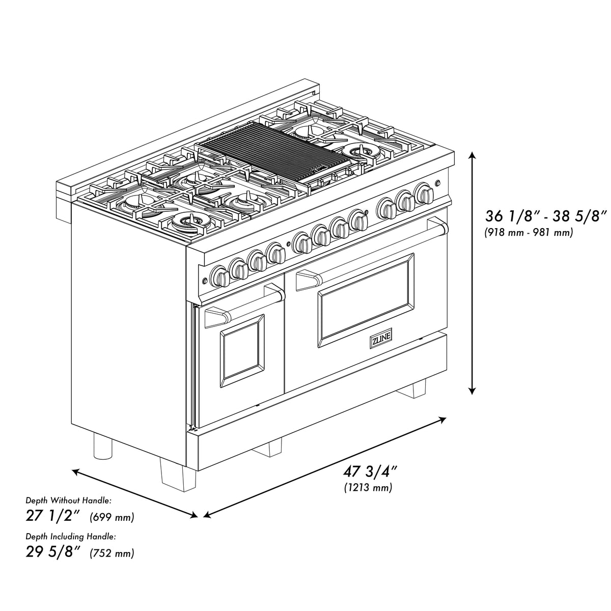 48 in. Wide 8 Burner ZLINE Autograph Legacy Dual Fuel Range in Satin Steel & Black Accents (RASZ-SN-48-MB) - Satin Stainless Steel