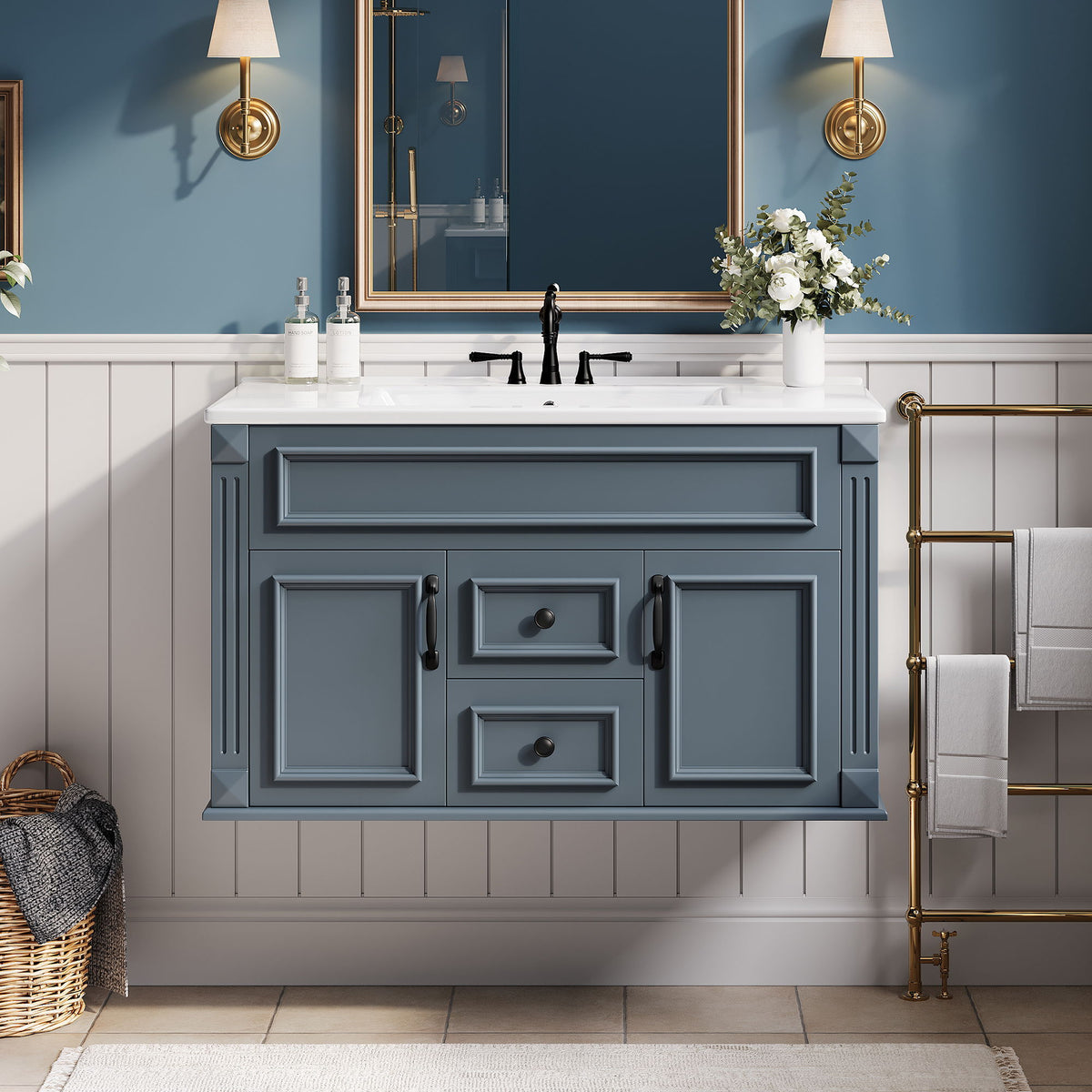 Gabinete de baño de estilo francés sencillo montado en la pared con lavabo