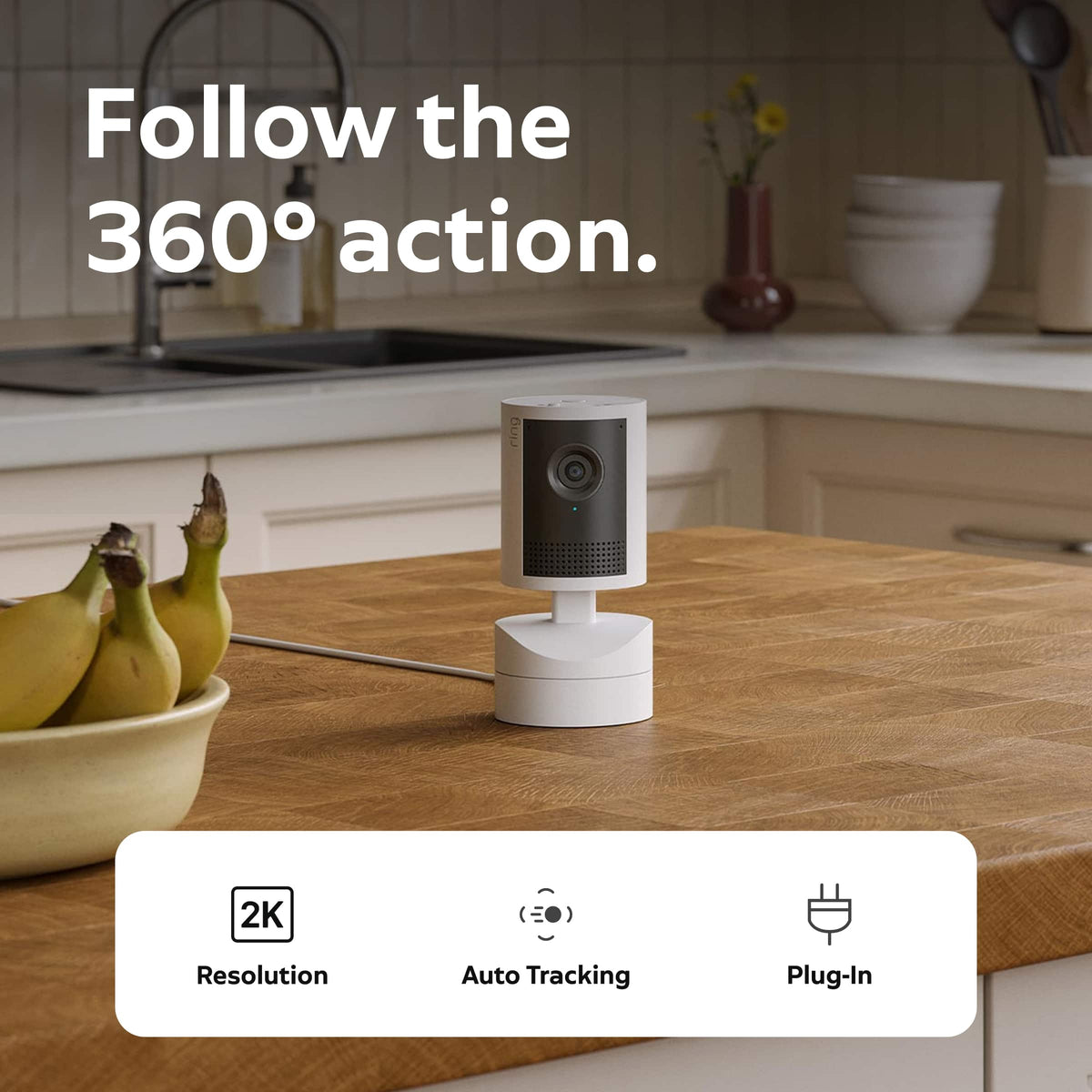 Ring - Smart Pan-Tilt Indoor Cam,Retinal 2K Video,Plug-In, 360°Coverage, Auto Tracking, 6x Zoom, home or business security - White