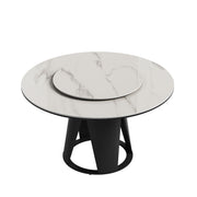 Modern Sintered Stone Dining Table With Round Turntable And Metal Pedestal - White