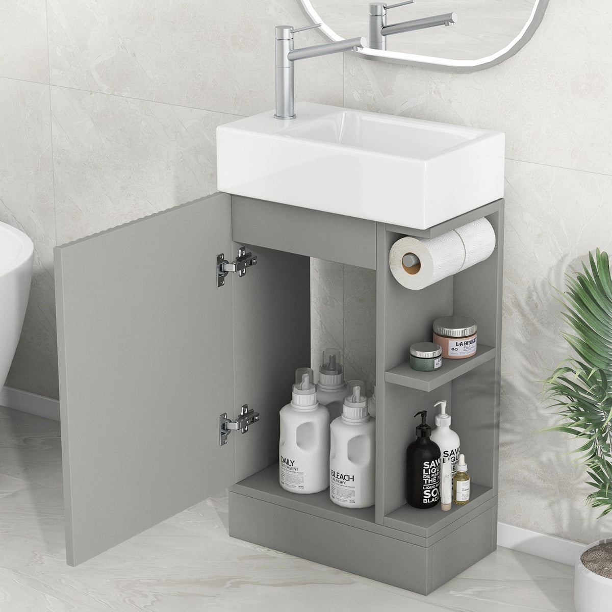 Tocador de baño moderno con lavabo y estante de 2 niveles