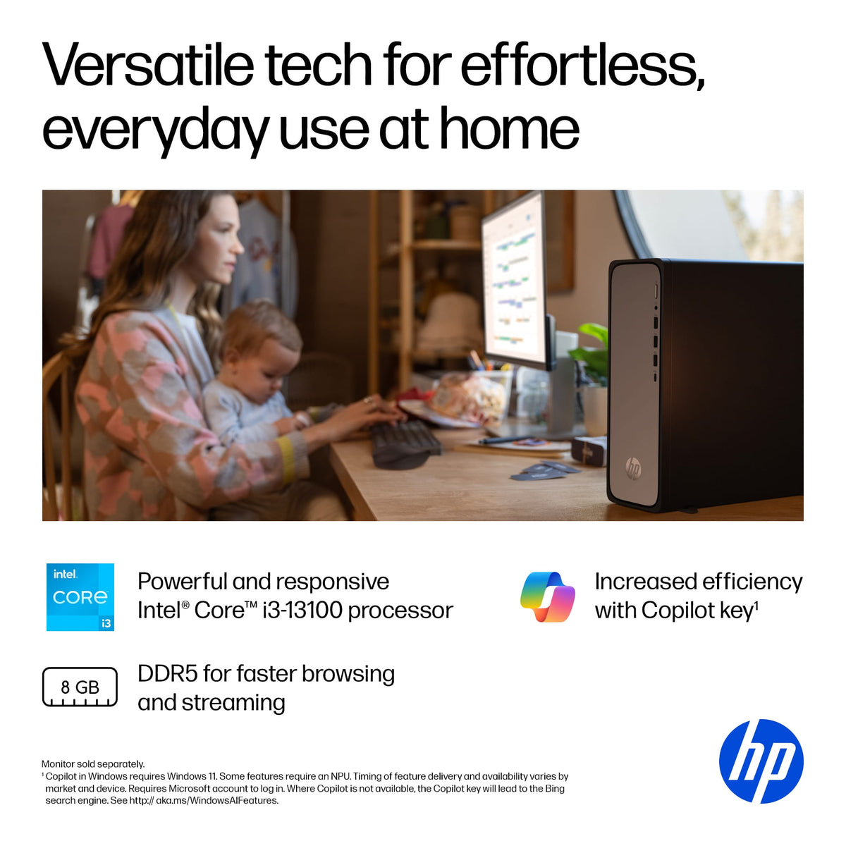HP - OmniDesk Slim Desktop - Intel Core i3-13100 2023 - 8GB DDR5 Memory - 256GB SSD - Meteor Silver