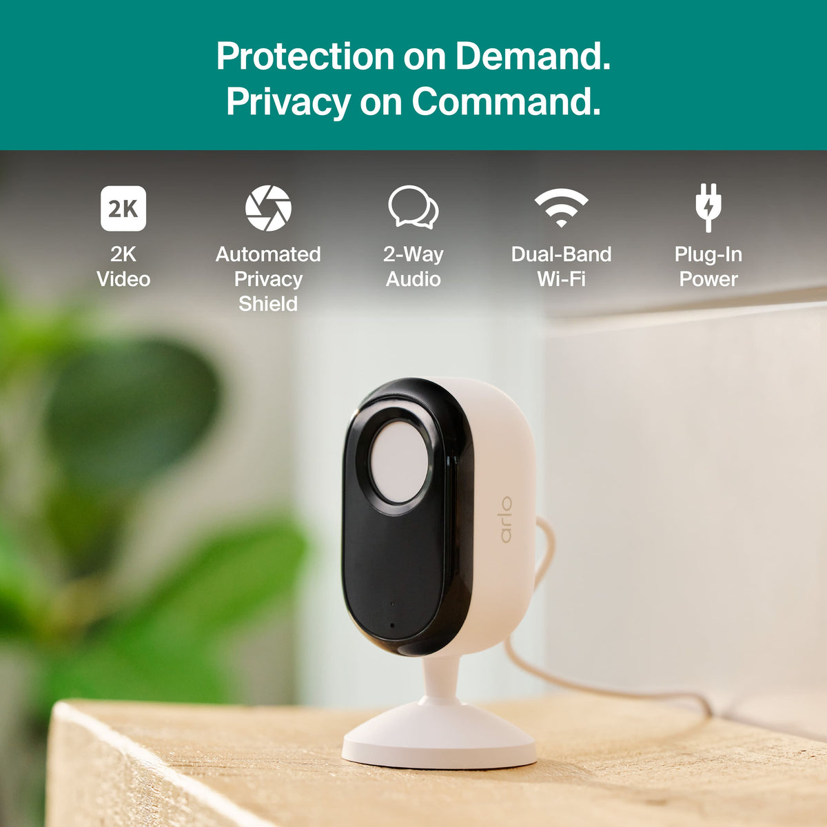 Arlo - Essential Indoor Security Camera 2K (3rd Gen, 2025 Release) - Wired Plug-In Powered, Automated Privacy Shield, 1-Cam - White