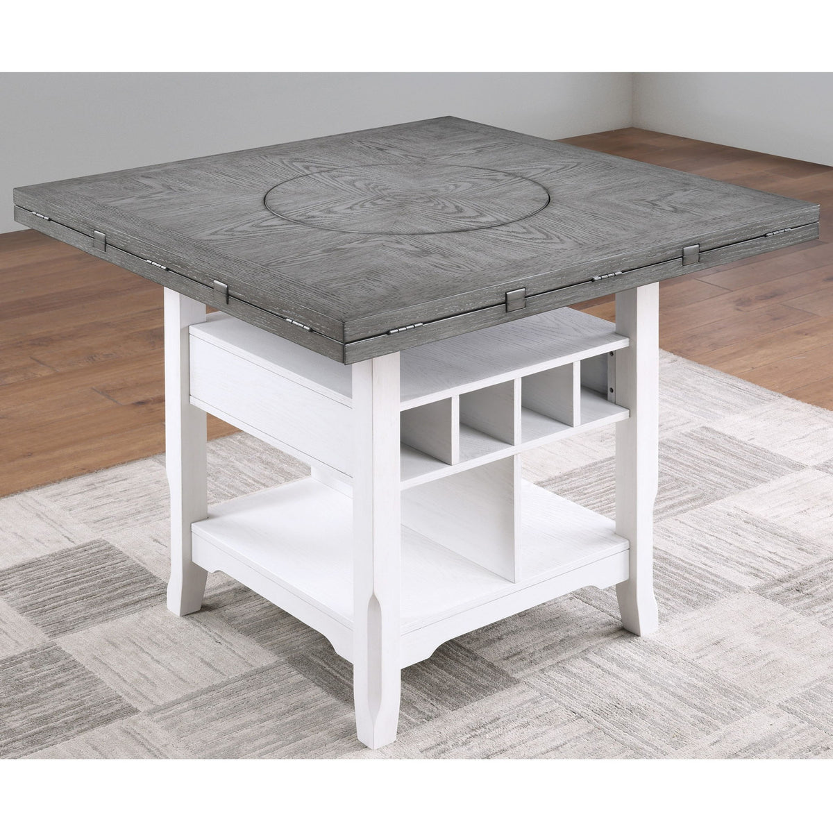 Mesa de comedor de altura de mostrador con bandeja giratoria integrada y estantes de almacenamiento