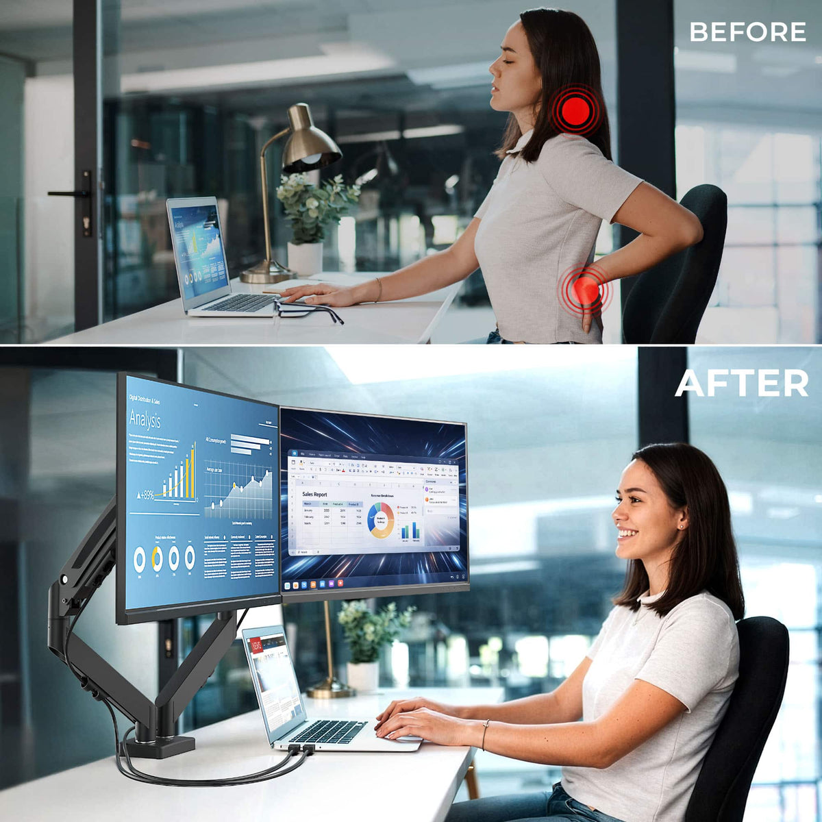 j5create - Ergonomic Dual Monitor Desk Mount for Most 17”-32” Monitors - Black