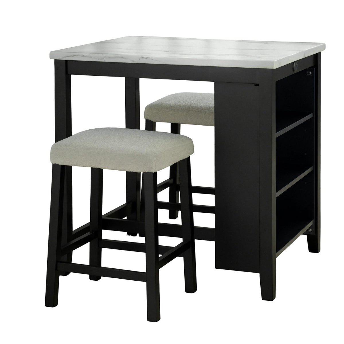 Juego de mesa de comedor con estantes de almacenamiento, 3 piezas con 2 taburetes - Negro / Marfil / Blanco