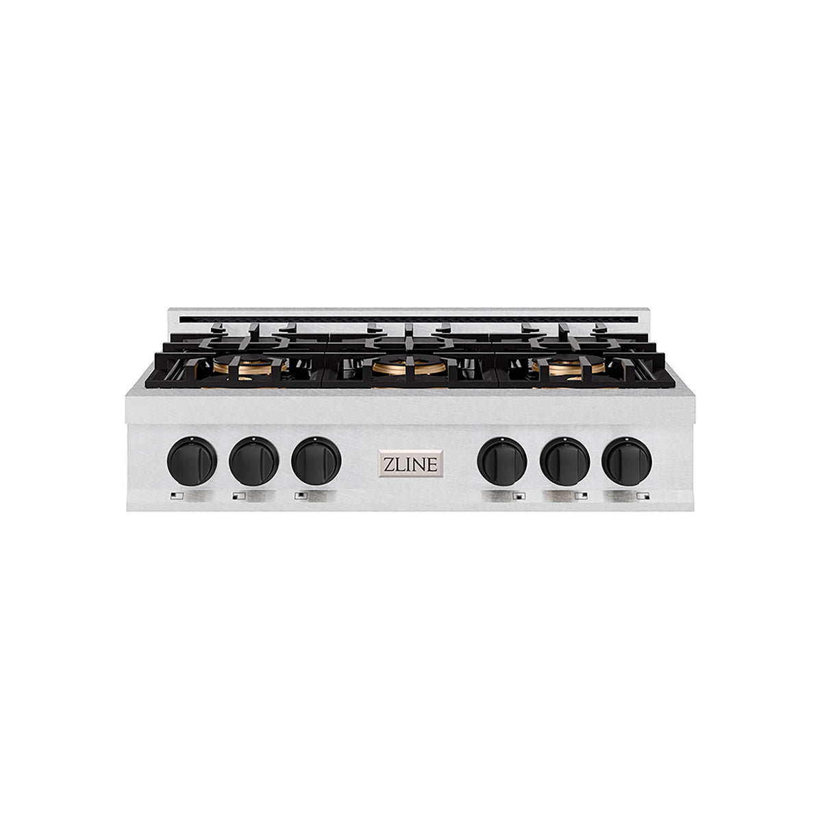ZLINE - 36 in. Wide 6 Burner Autograph Satin Steel Classic Rangetop with with Black Accents (PCRTSZ-36-MB) - Satin Stainless Steel