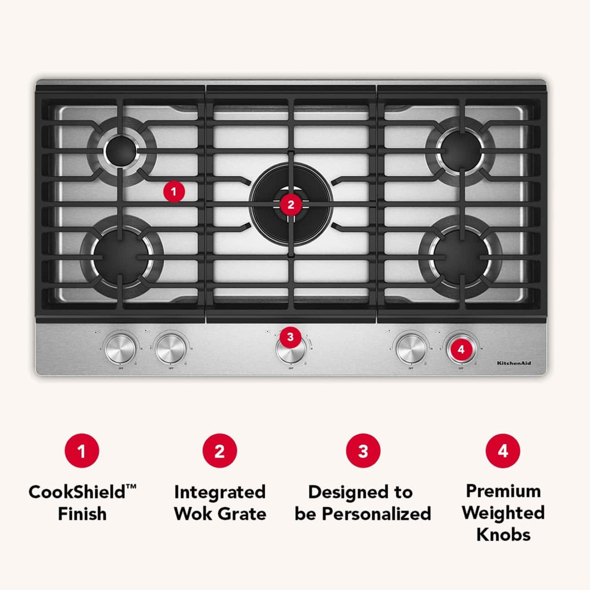 KitchenAid 36  in. Gas Cooktop with 5 Burners and Integrated Wok Grate - Stainless Steel
