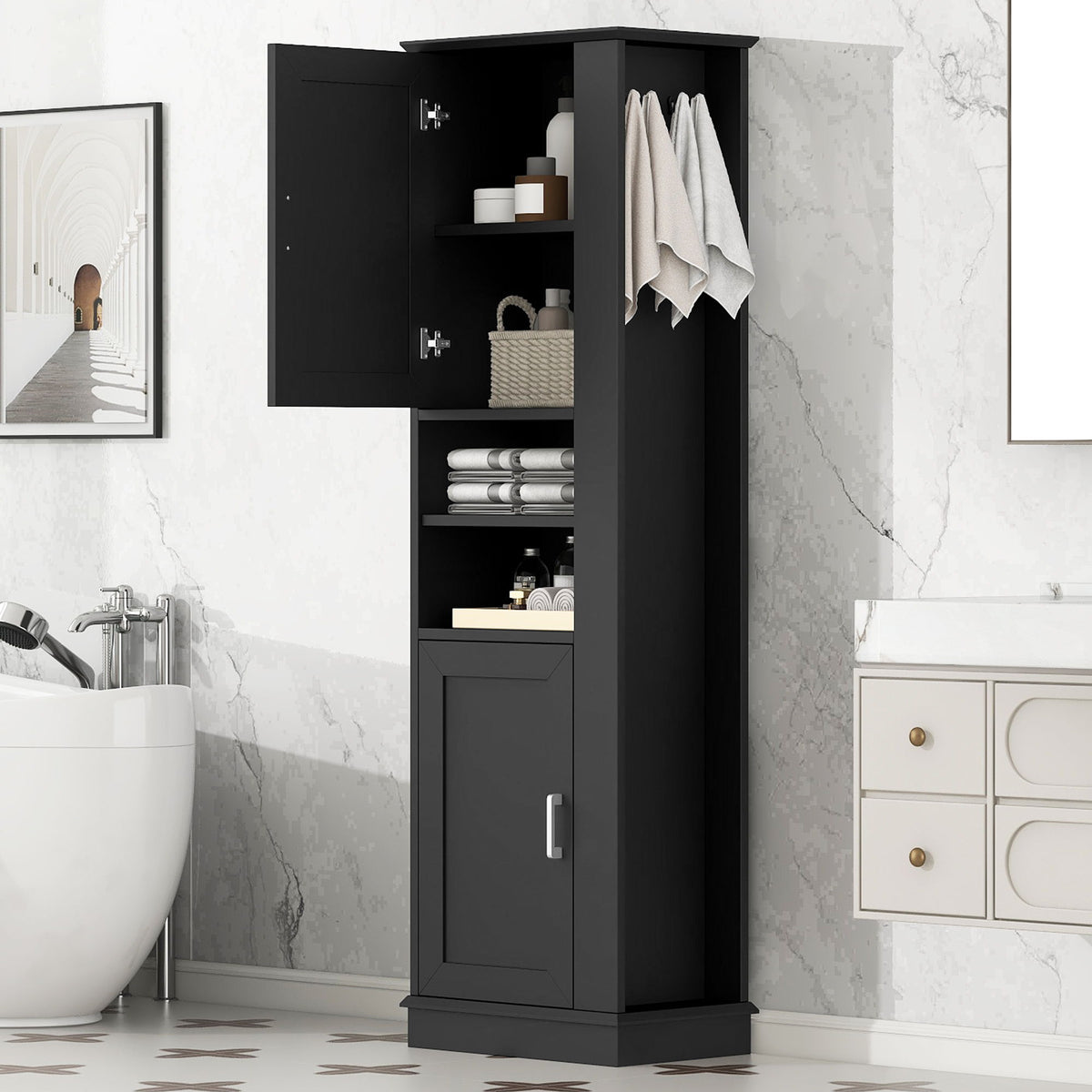 Armario de baño alto independiente con estantes ajustables y panel de ganchos laterales, diseño rectangular