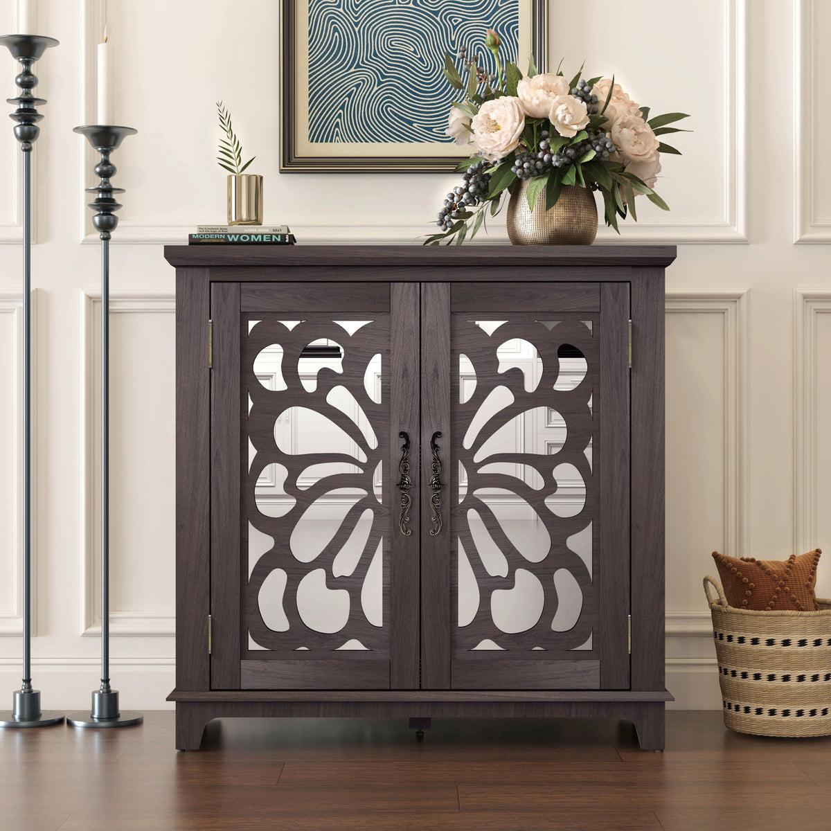 Elegant Sideboard With 2 Acrylic Mirrored Doors, Adjustable Shelf Storage