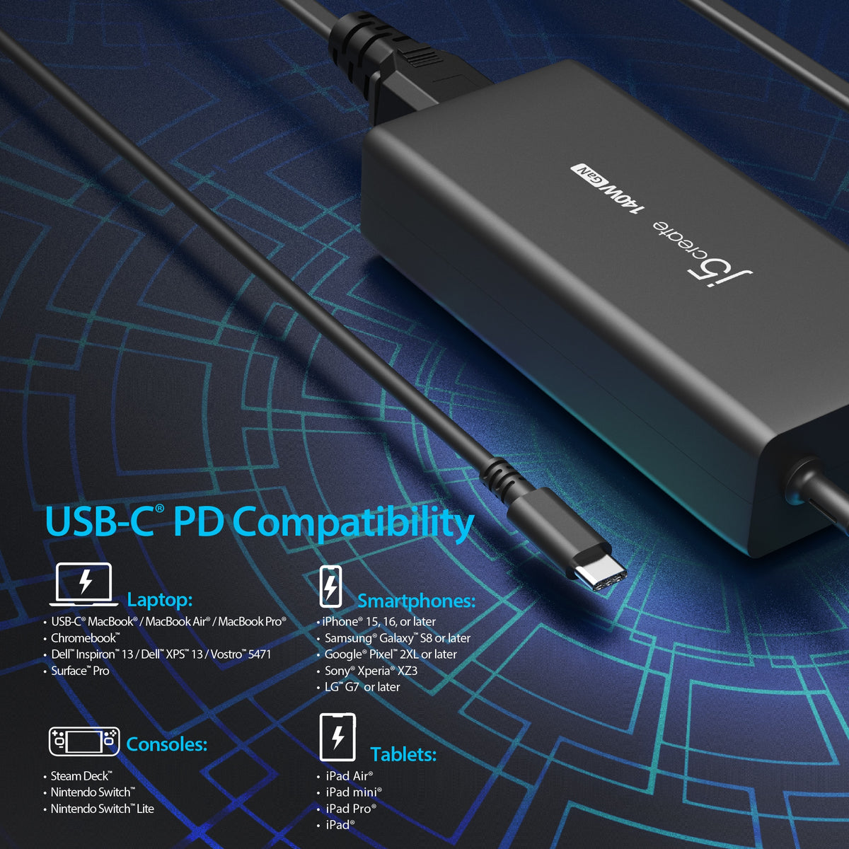 j5create - 140W GaN PD 3.1 USB-C Charger - Black