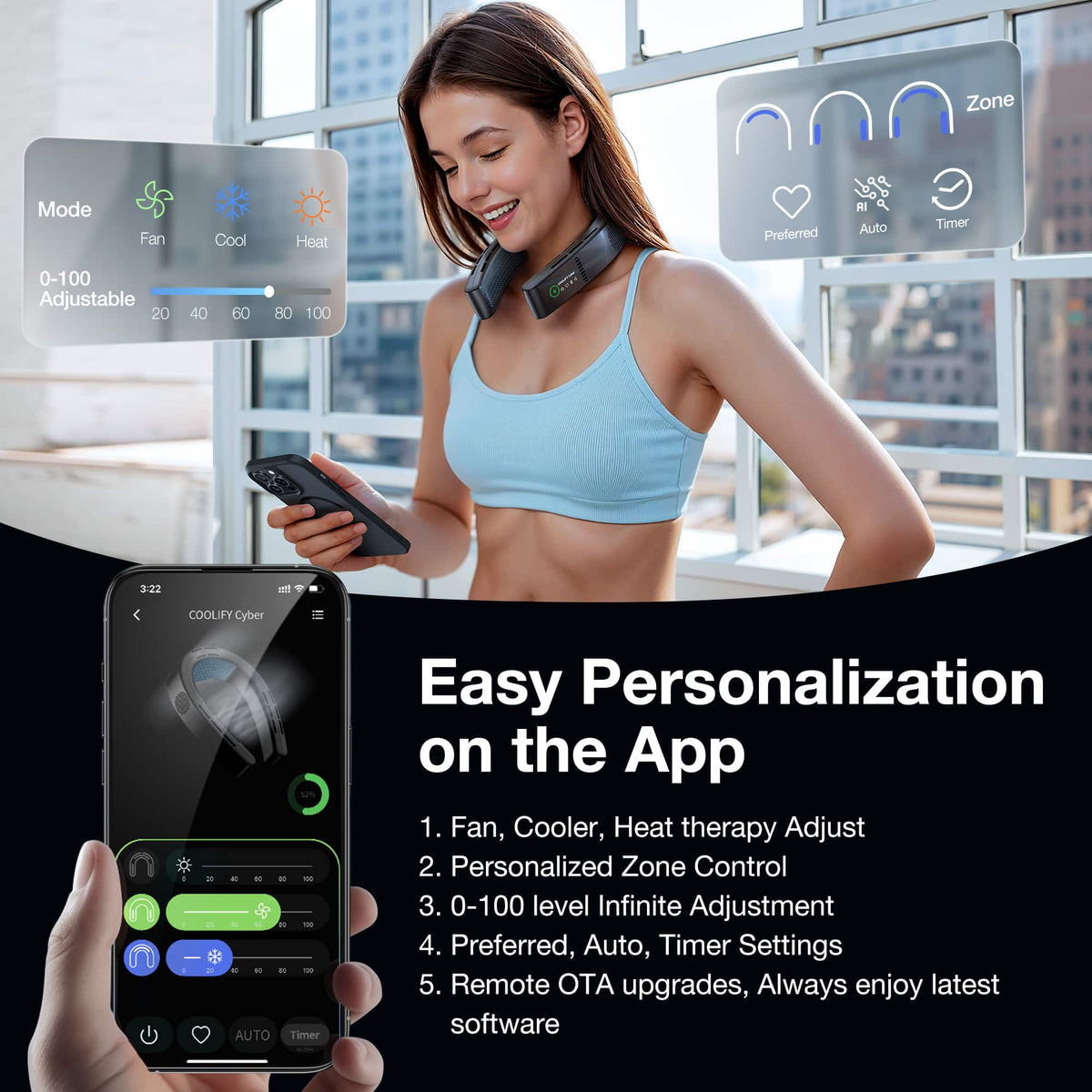 TORRAS - COOLiFY Cyber Neck Air Conditioner, Cooling, Heating, and Fan Rechargeable with 6000mAh - Cascade Black