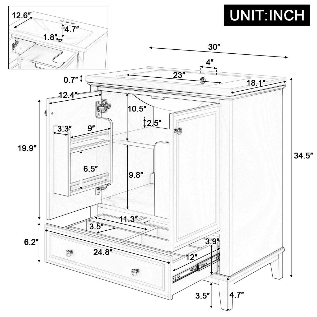 Mueble de baño moderno con lavabo, puertas y cajón